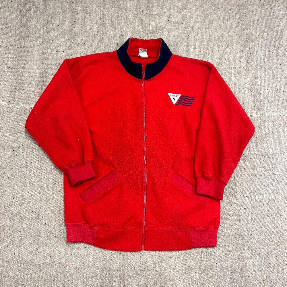 Vintage Guess Zip Up Fleece Sweatshirt Mens Large Red 1990s